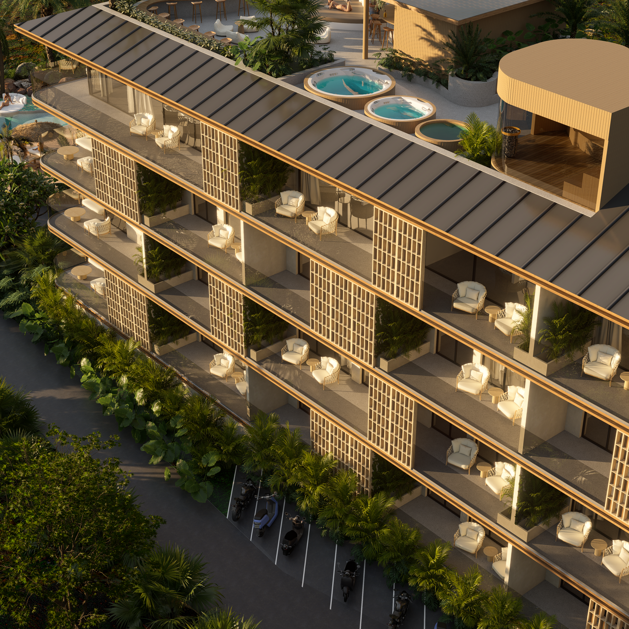 Exterior facade of a beachside apartment development in Canggu, Bali with ocean-facing balconies
