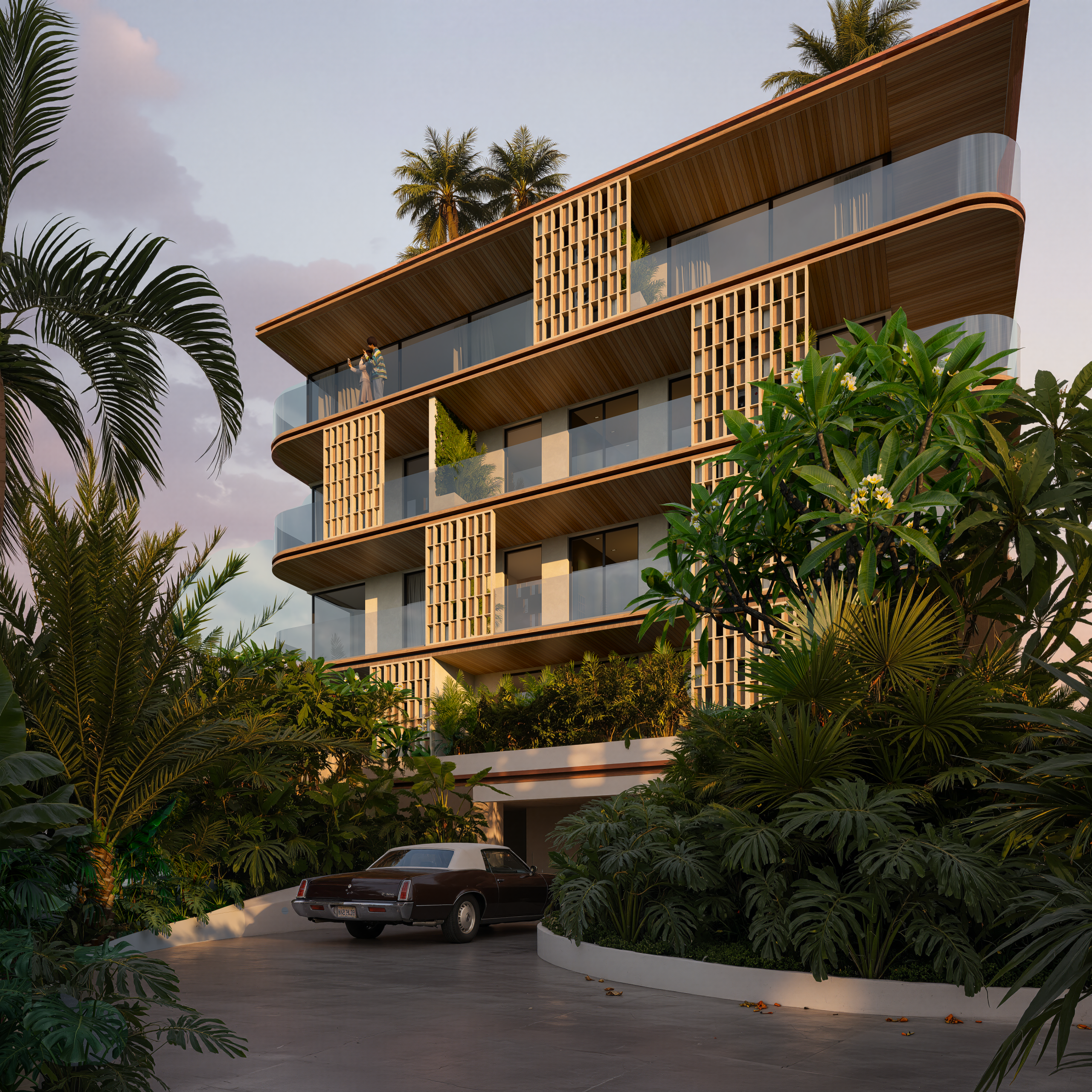 Exterior facade of a beachside apartment development in Canggu, Bali with ocean-facing balconies