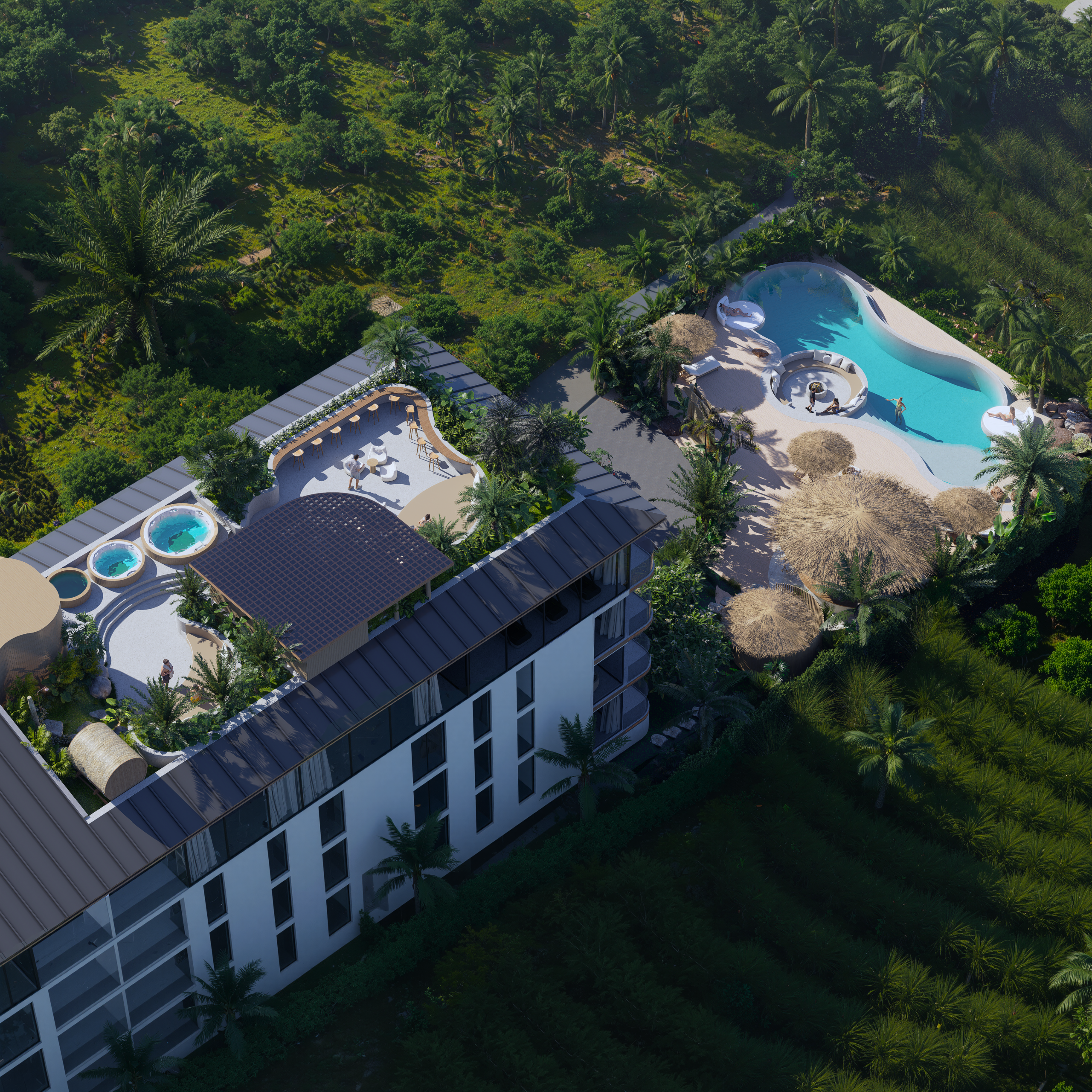 Aerial view of a low-rise leasehold apartment building near the beach in Pererenan, Canggu